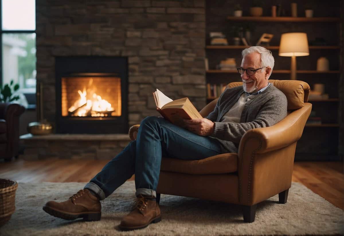 Dad quotes while reading a book, sitting in a cozy armchair by the fireplace