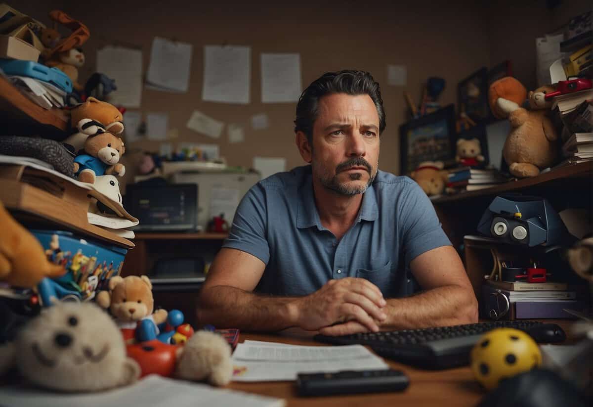 A tired father sits at a cluttered desk, surrounded by children's toys and scattered papers. He rubs his temples, staring at a computer screen with a look of exhaustion and frustration