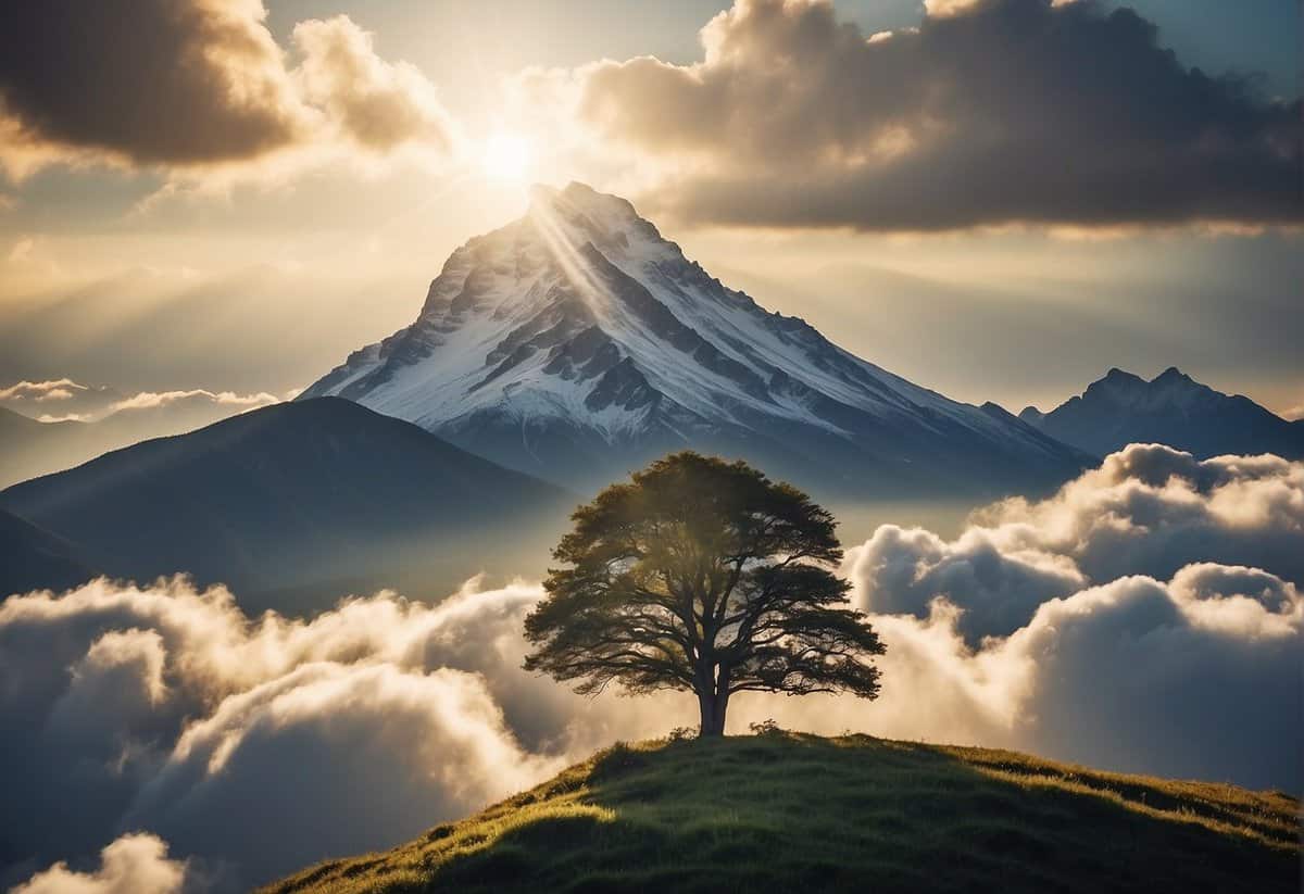 A mountain peak reaching above the clouds, with a single tree growing at the top, and a beam of sunlight breaking through the sky