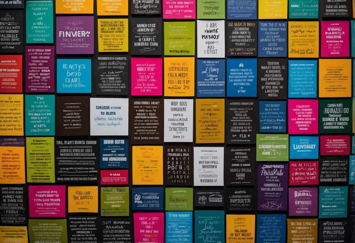 A collection of quotes displayed on a wall, neatly arranged in a grid pattern, with each quote written in bold, vibrant colors to symbolize success and motivation