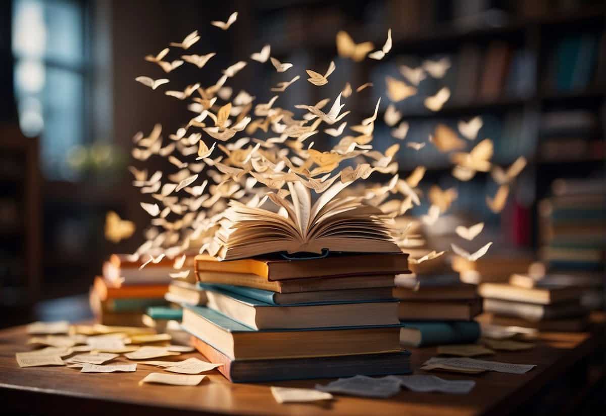 A pile of open books with pages fluttering, surrounded by scattered love quotes written on colorful paper