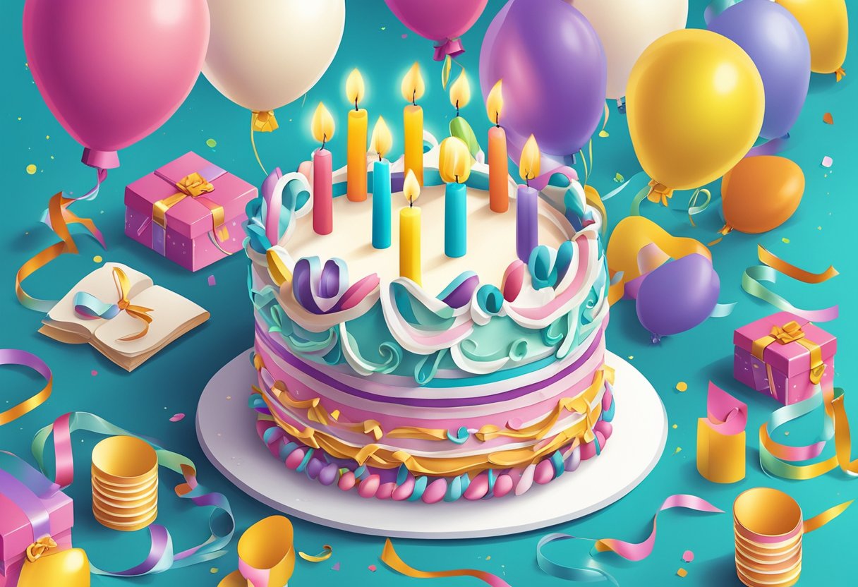A colorful birthday cake with 12 candles, surrounded by balloons and streamers, with a handwritten note of birthday quotes for a daughter