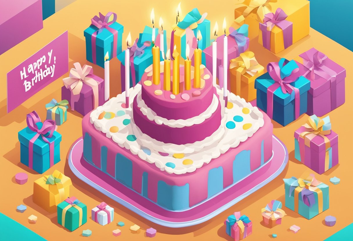 A birthday cake with 13 candles, a wrapped present, and a birthday card with the quote "Happy 13th Birthday" written on it