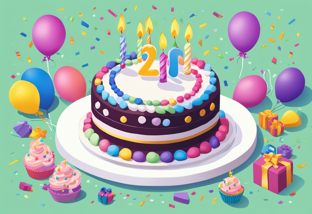 A colorful birthday cake with "Happy 28th Birthday" written in icing, surrounded by festive decorations and a thoughtful card for a daughter