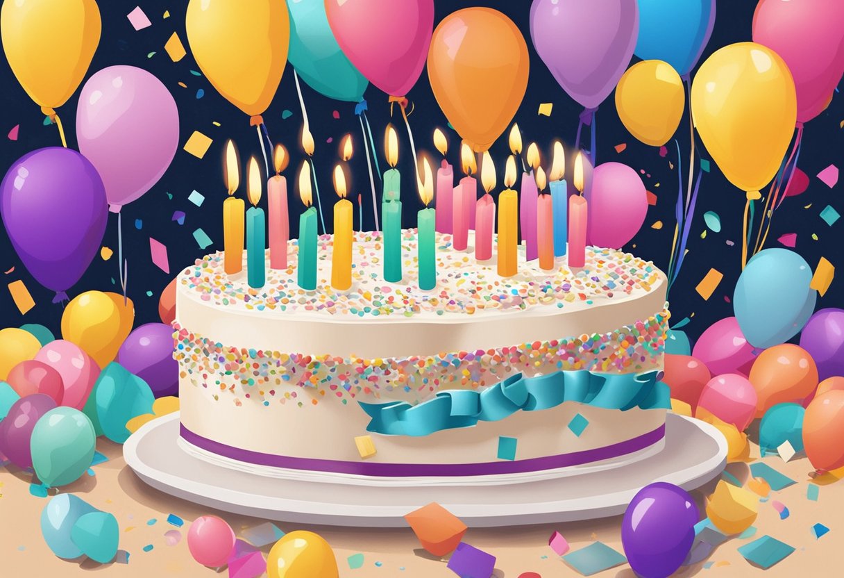A birthday cake with 28 candles, surrounded by colorful balloons and confetti, with a handwritten note with one of the quotes for a daughter's 28th birthday