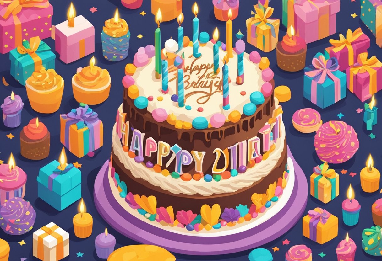 A colorful birthday cake with 29 candles, surrounded by festive decorations and a card with the quote "Happy 29th Birthday, Daughter" on a table