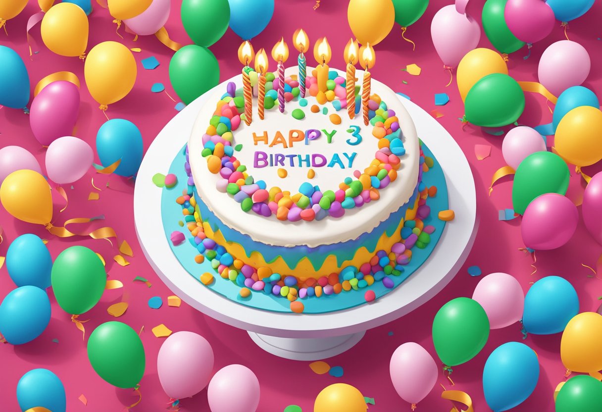 A birthday cake with "Happy 34th Birthday" written in colorful icing, surrounded by balloons and confetti