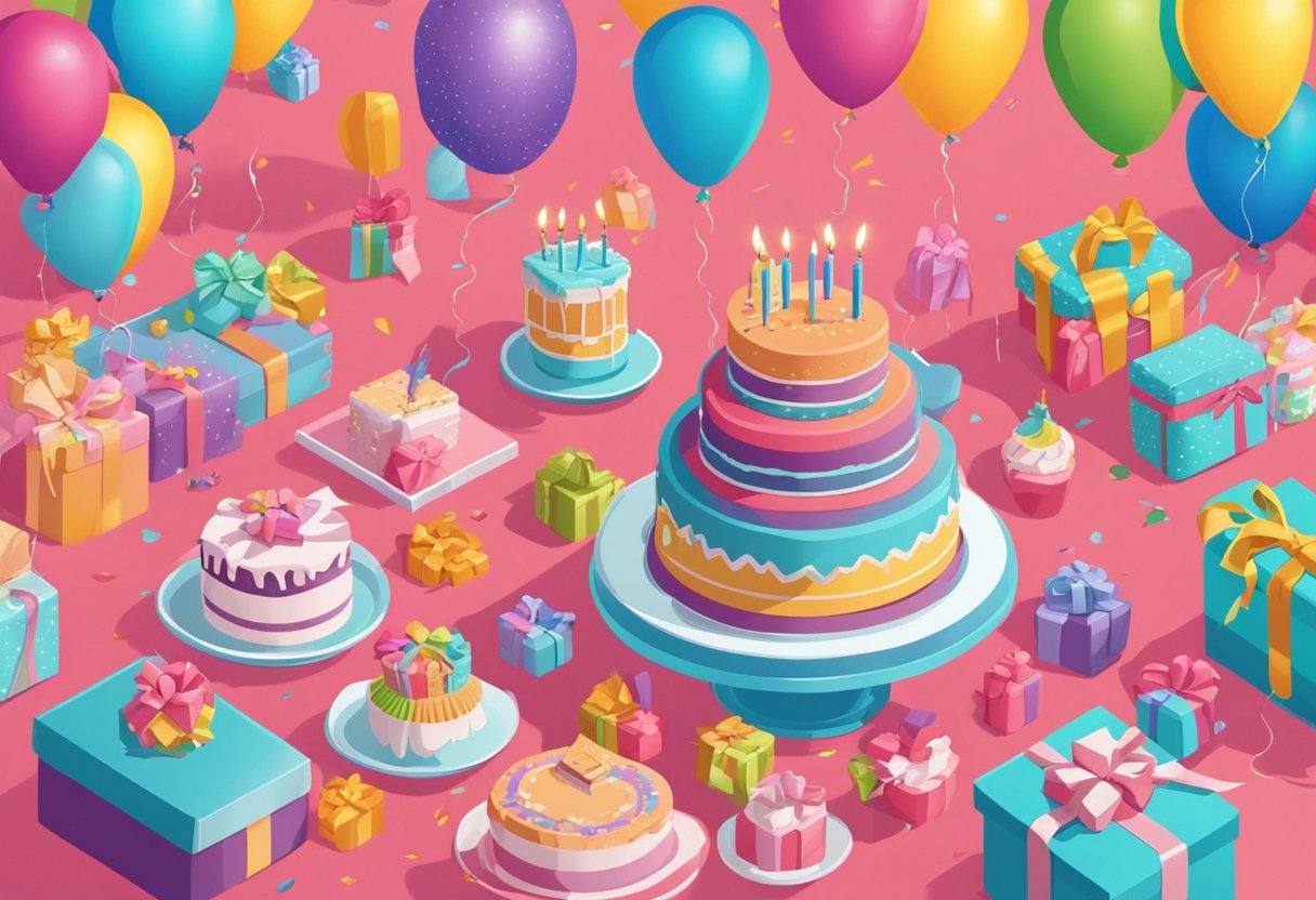A colorful, festive birthday party table with a cake, balloons, and presents. A happy, celebratory atmosphere with a sense of love and joy