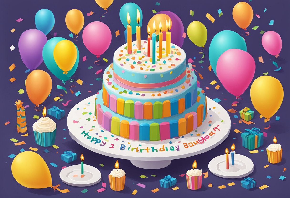A colorful birthday cake with 37 candles, surrounded by balloons and confetti, with a handwritten note reading "Happy 37th Birthday, Daughter" nearby