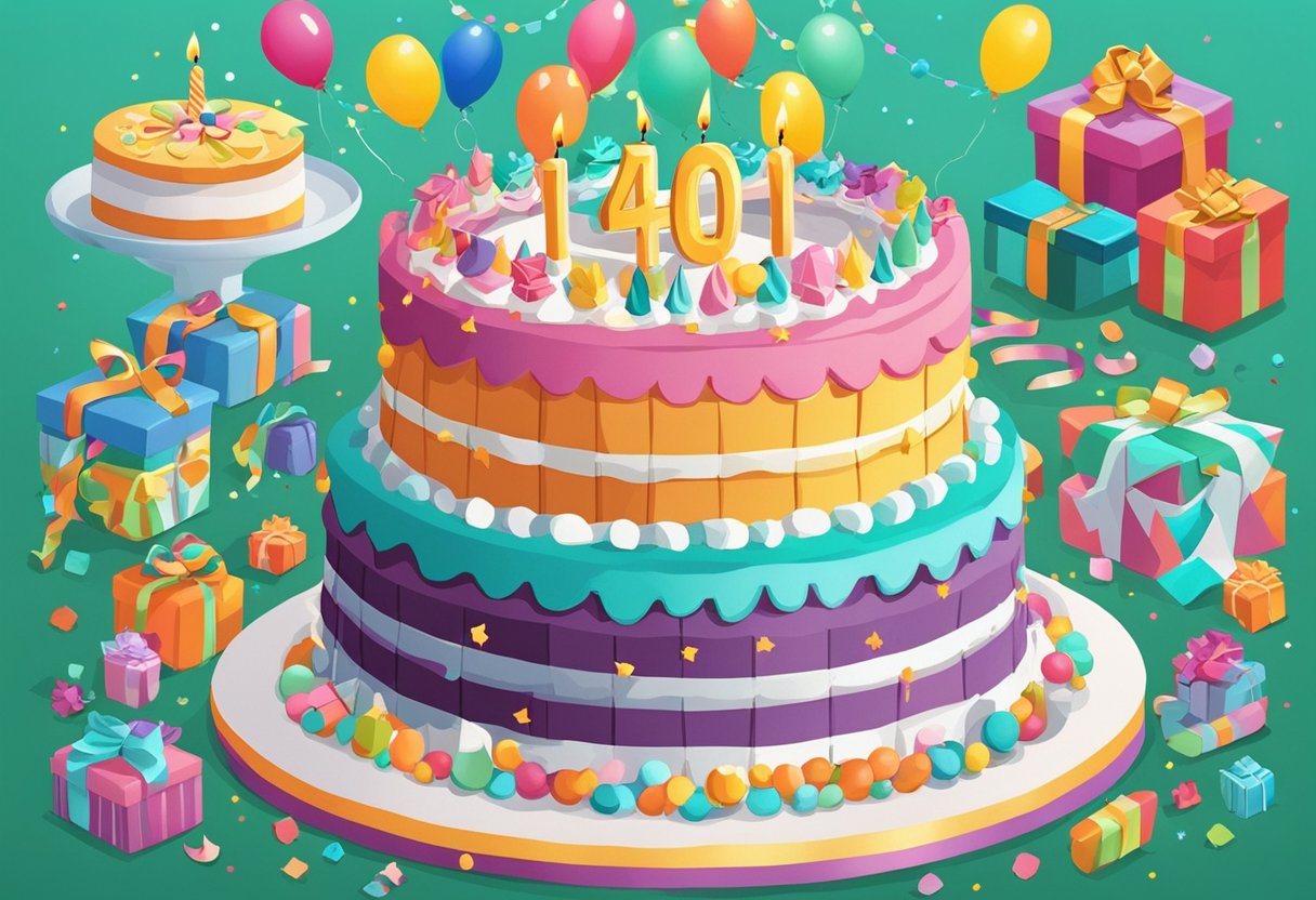 A colorful birthday cake with "40th birthday quotes for daughter" written in elegant script on top, surrounded by festive decorations and presents