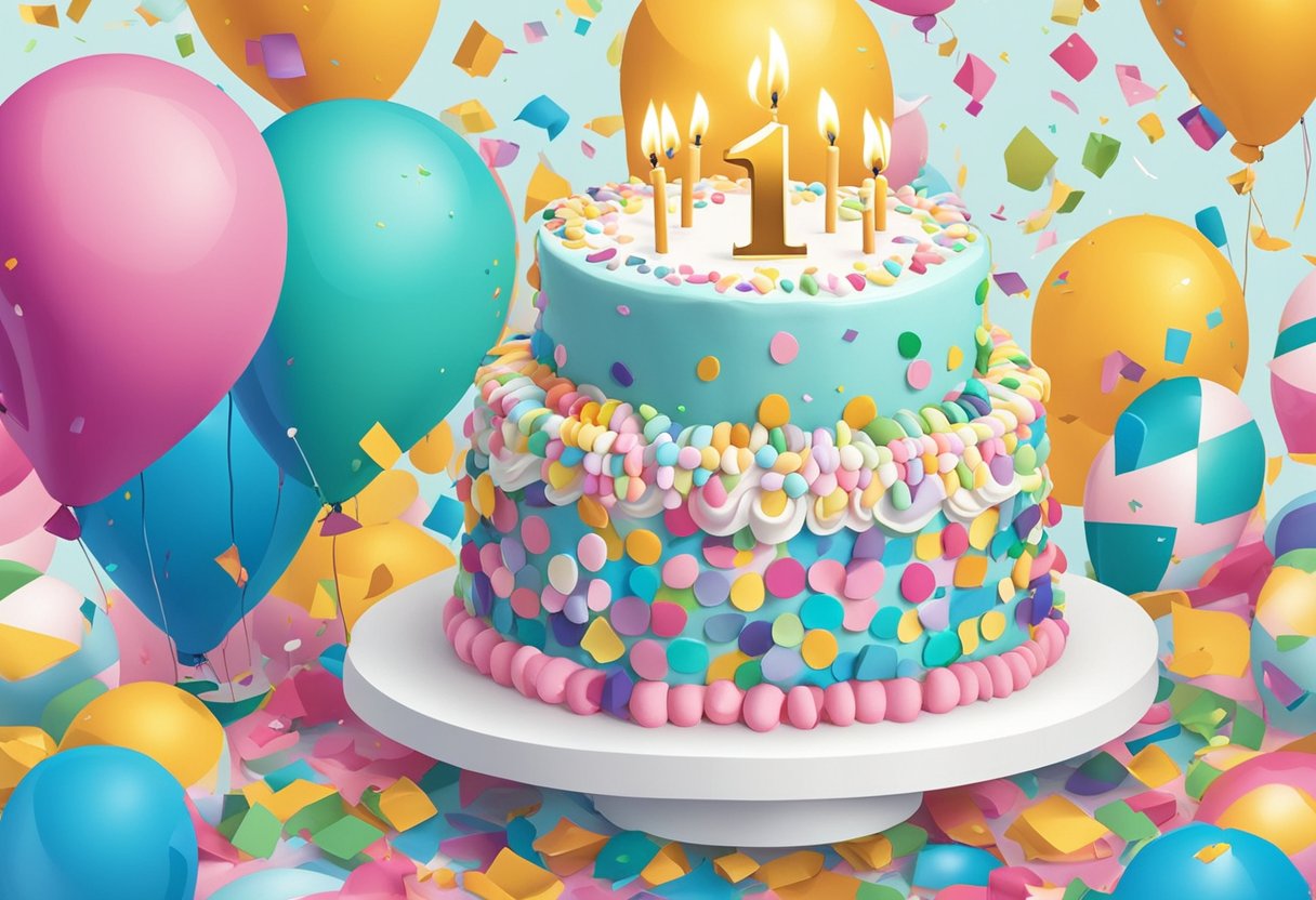 A birthday cake with "41st birthday quotes for daughter" written in colorful icing, surrounded by balloons and confetti