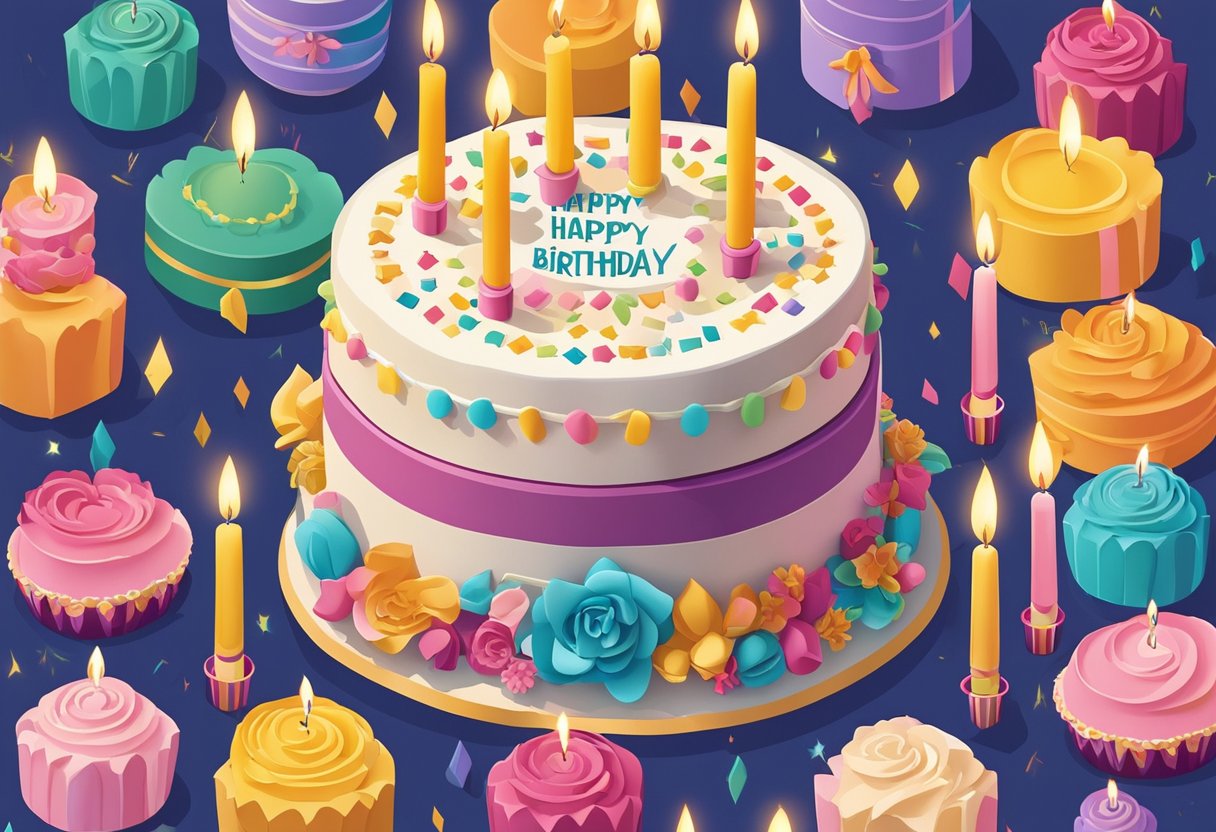 A colorful birthday cake with 41 candles lit, surrounded by festive decorations and a sentimental quote for a daughter's 41st birthday