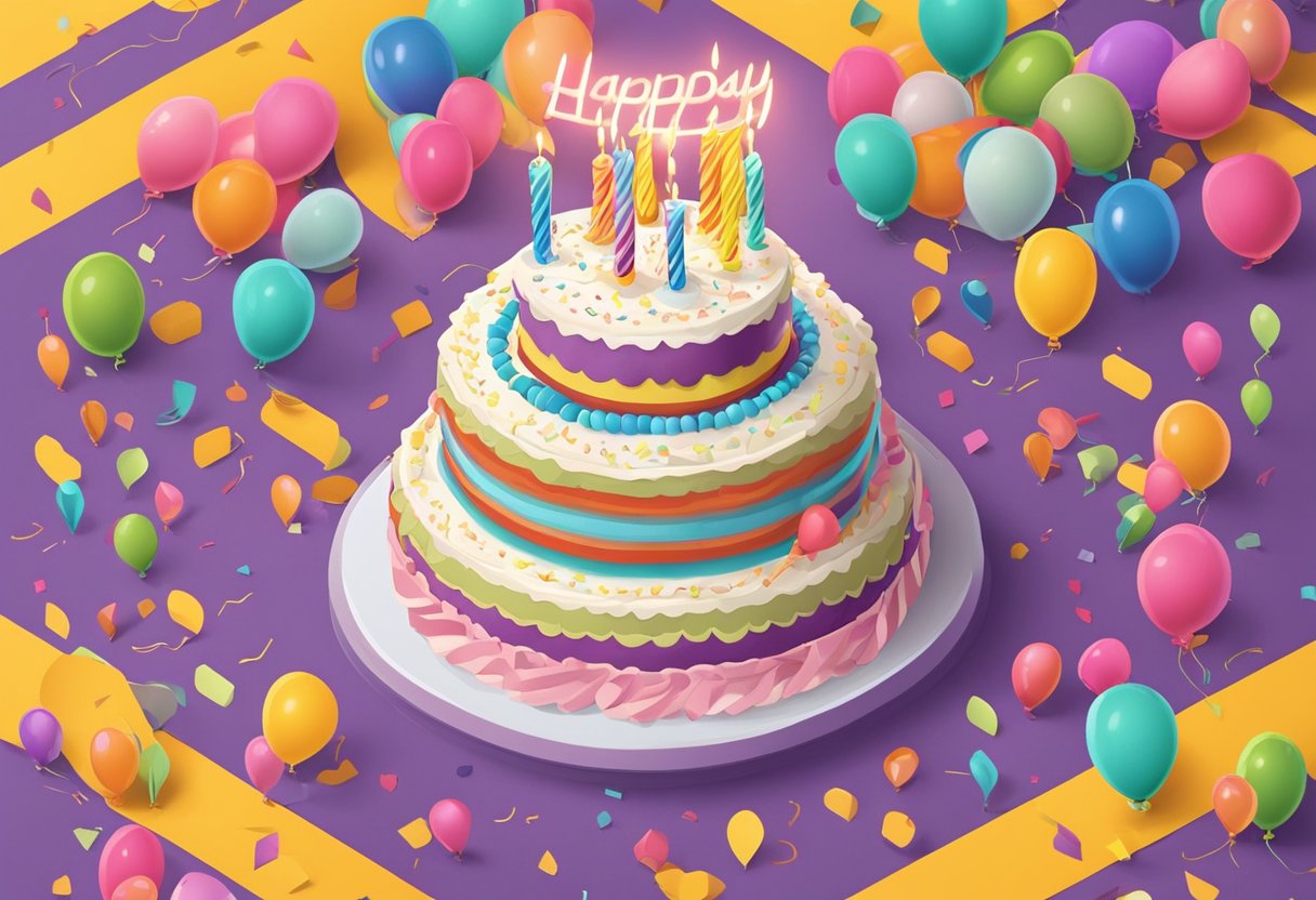 A birthday cake with 43 candles lit, surrounded by colorful balloons and streamers, with a handwritten note of birthday quotes for a daughter