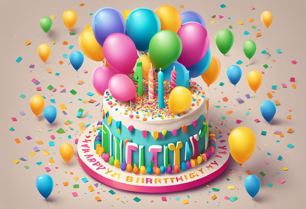 A birthday cake with 43 candles, surrounded by colorful balloons and confetti, with a banner reading "Happy 43rd Birthday" for a daughter