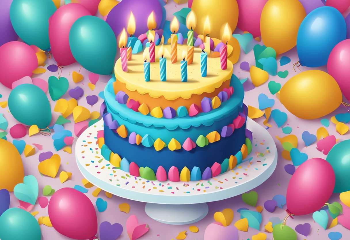 A colorful birthday cake with 44 candles lit, surrounded by balloons and confetti, with a handwritten note containing a heartfelt birthday quote for a daughter