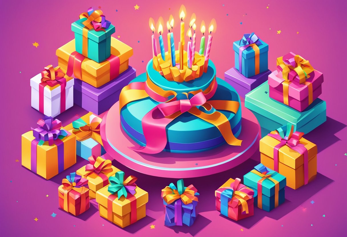 A birthday cake with 10 candles, a colorful banner with "Happy 10th Birthday" and a pile of presents wrapped in bright paper