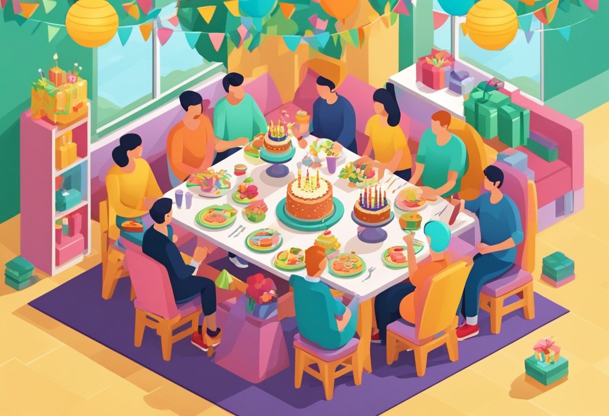 A festive table with a birthday cake and decorations, surrounded by family and friends, with a joyful atmosphere