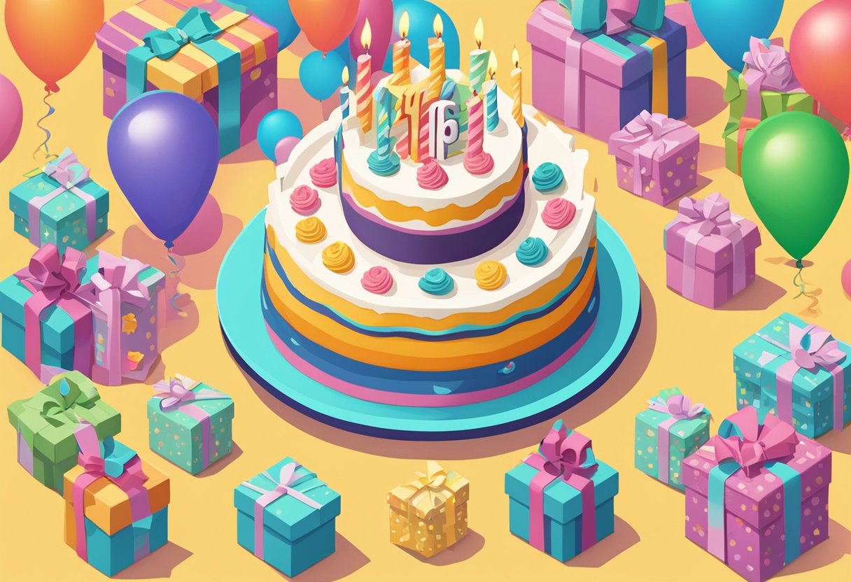 A birthday cake with 16 candles, a "Happy 16th Birthday" banner, and a stack of birthday cards for a son