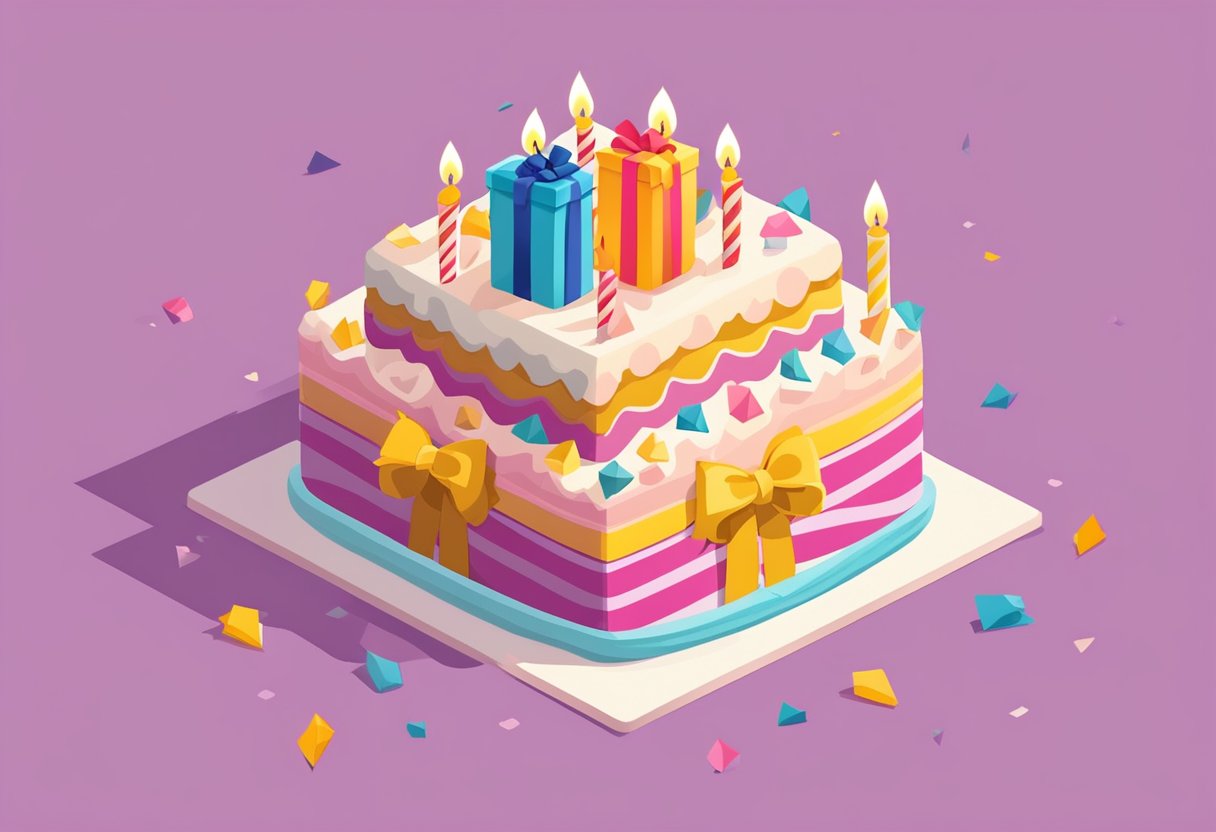 A birthday cake with 19 candles, a card with heartfelt message, and a gift wrapped with a bow