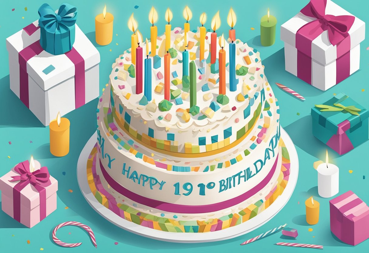 A birthday cake with 19 candles, a gift box, and a handwritten note with quotes for a son's 19th birthday