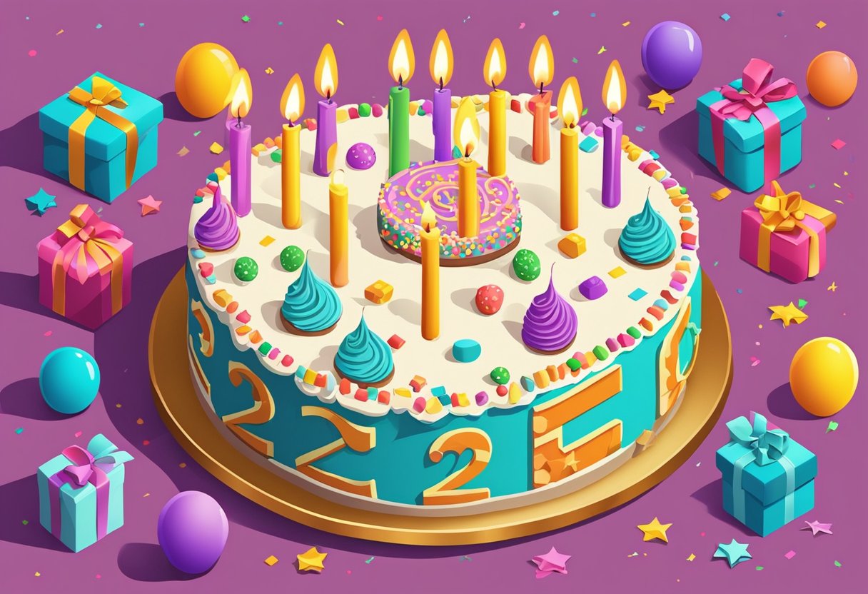 A colorful birthday cake with 26 candles lit, surrounded by festive decorations and a sentimental quote for a son's 26th birthday