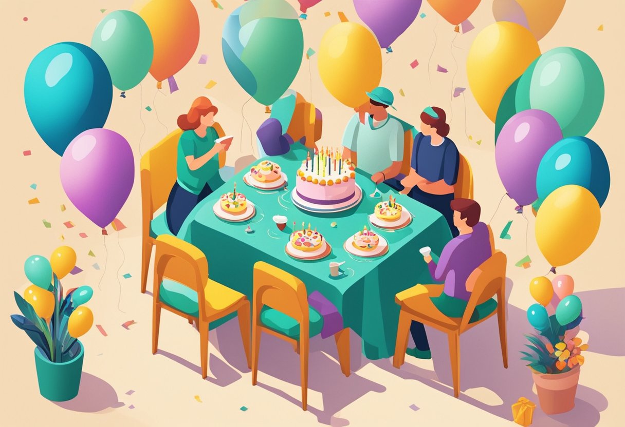 A festive table with balloons and a birthday cake, surrounded by loving family members, with a card or banner displaying the quote "28th birthday quotes for son."