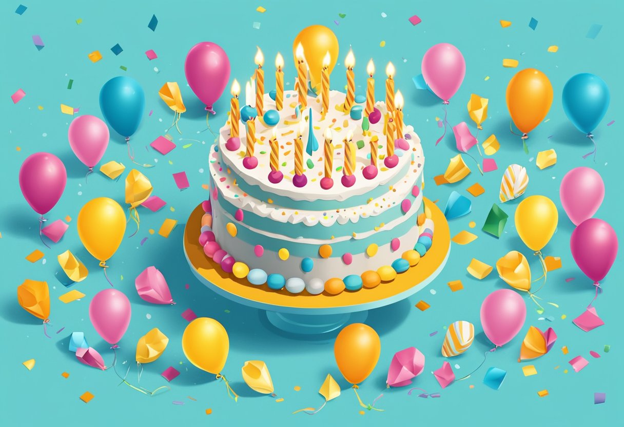 A birthday cake with 28 candles, surrounded by balloons and confetti, with a thoughtful birthday card for a son