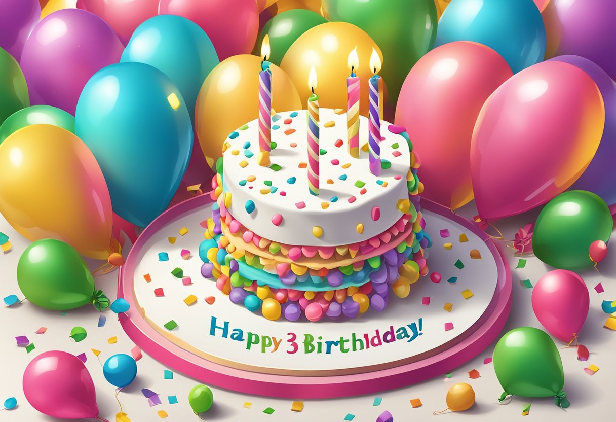 A festive birthday cake with 31 candles, surrounded by balloons and confetti, with a banner reading "Happy 31st Birthday" in the background