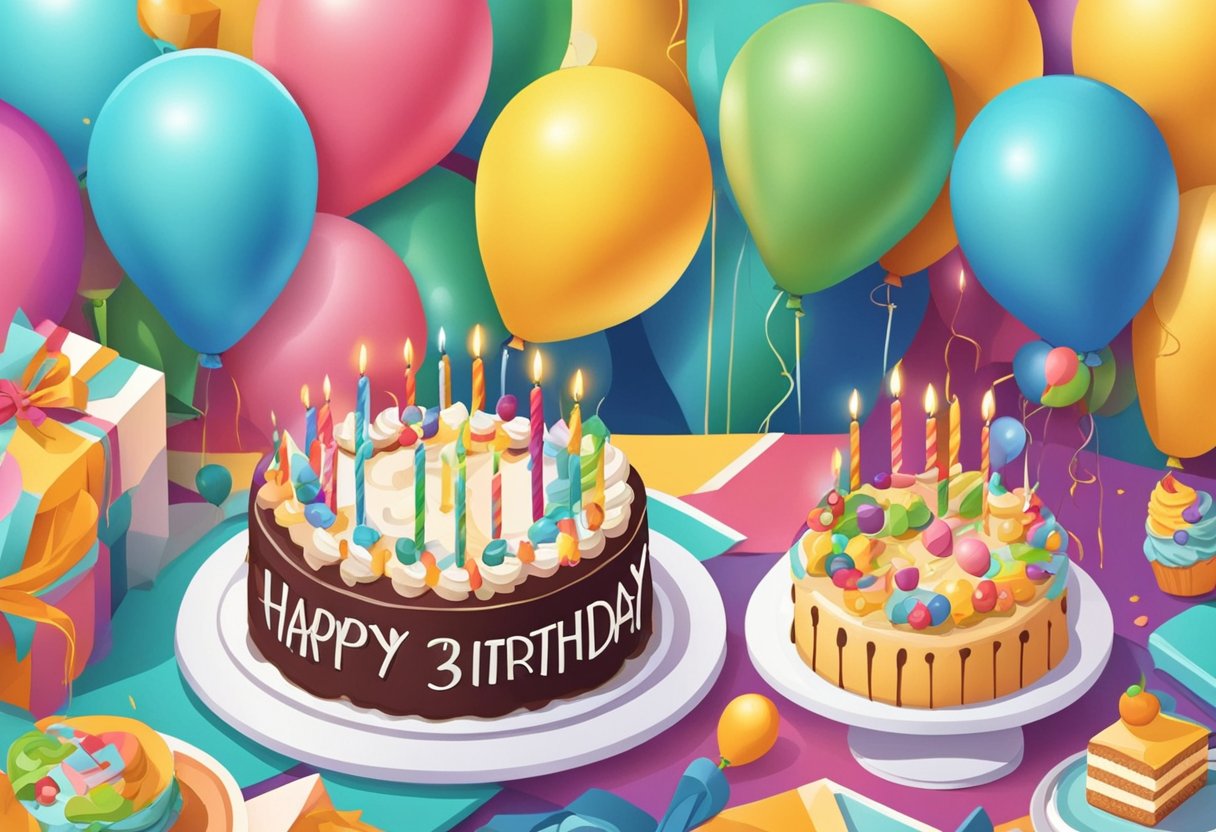 A festive table with a birthday cake, balloons, and a card with "Happy 32nd Birthday" for a son