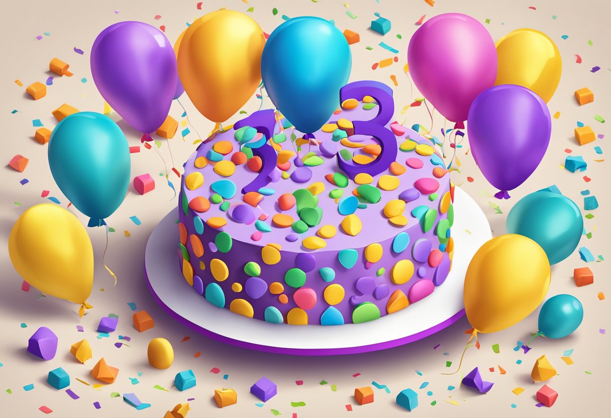 A birthday cake with "Happy 33rd Birthday" written in colorful icing, surrounded by balloons and confetti