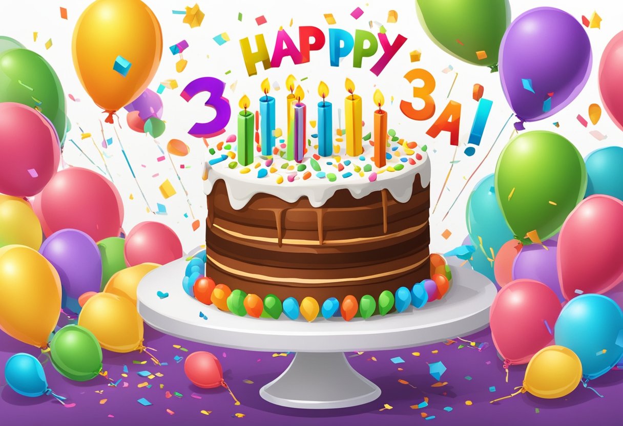 A festive birthday cake with 33 candles lit, surrounded by colorful balloons and confetti, with a banner reading "Happy 33rd Birthday" in the background