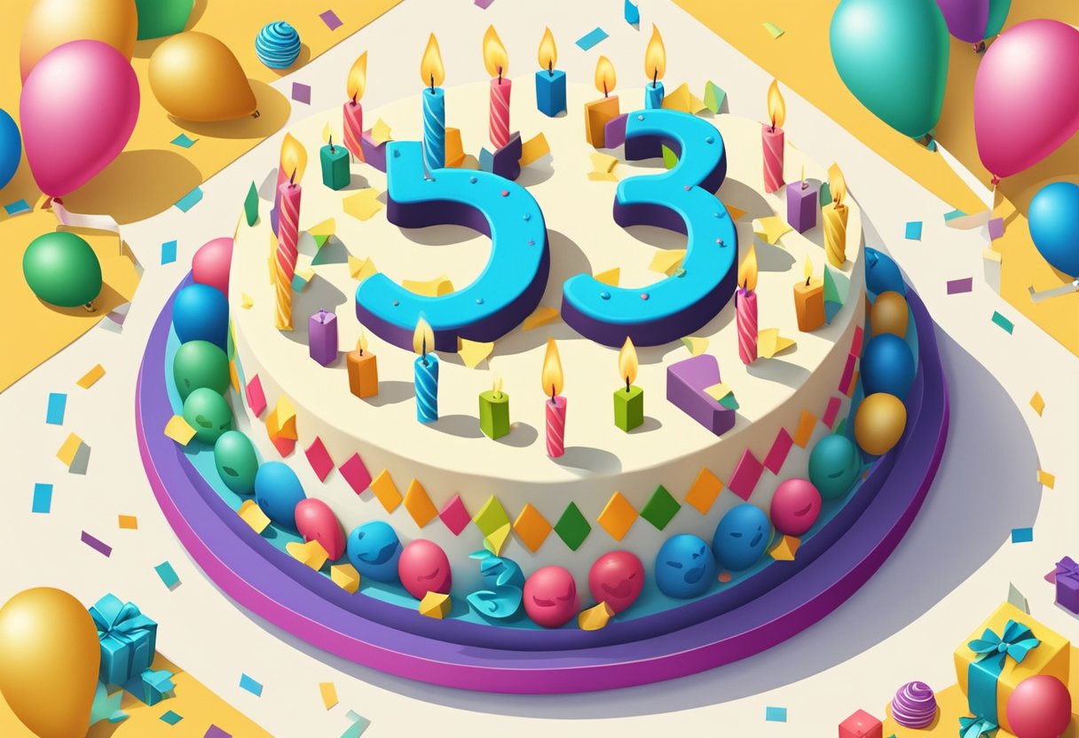 A birthday cake with "33" candles surrounded by festive decorations and a thoughtful birthday card for a son