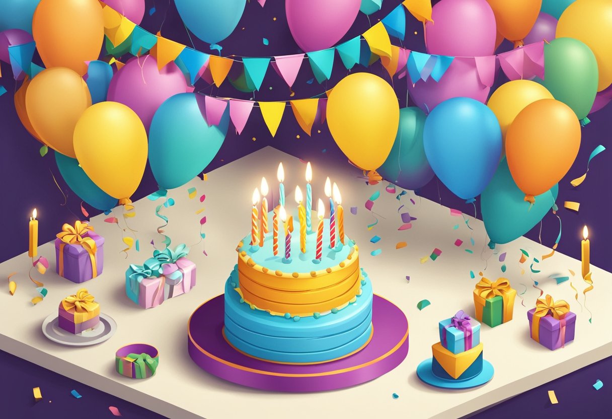 A festive table with a birthday cake and 43 candles, surrounded by colorful balloons and a banner with the words "Happy 43rd Birthday" for a son