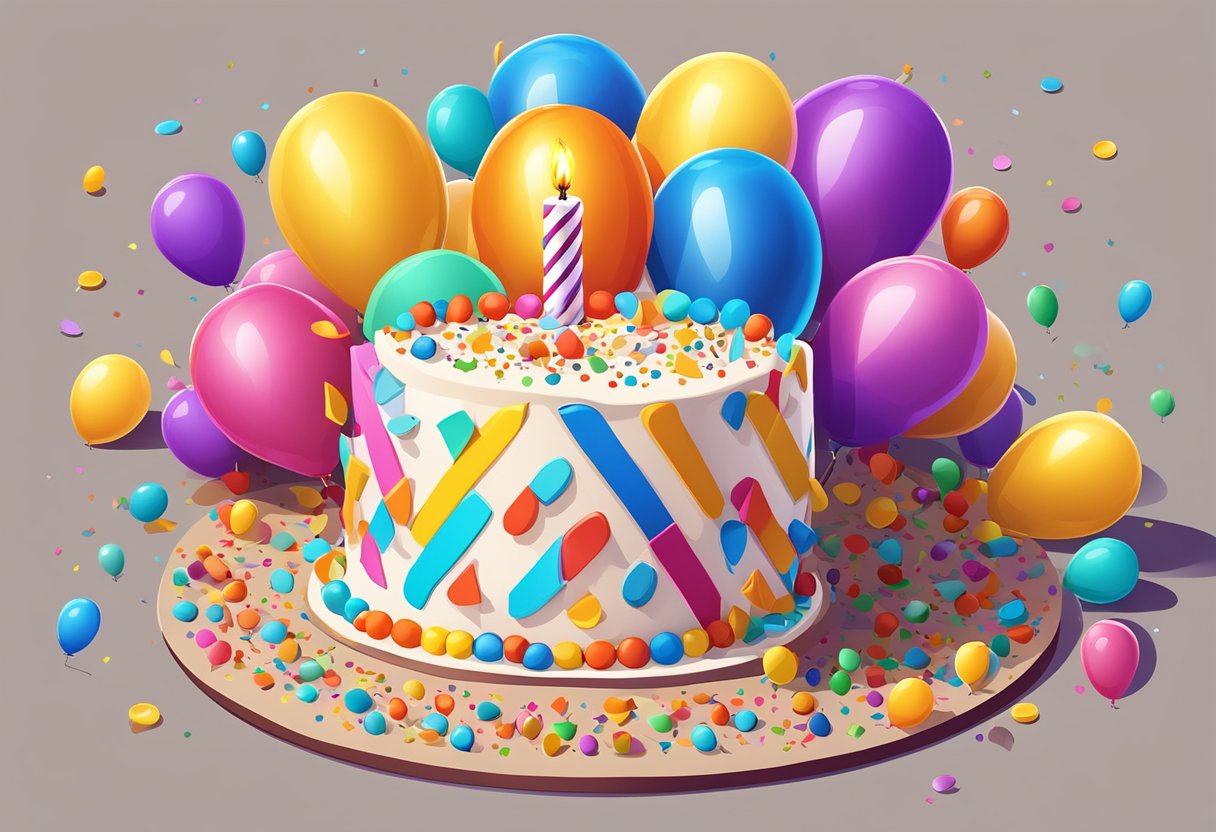 A birthday cake with 43 candles, surrounded by balloons and confetti, with a "Happy 43rd Birthday" banner in the background