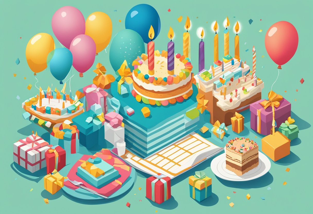 A festive table with a birthday cake, balloons, and a card with "44th birthday quotes for son" written on it