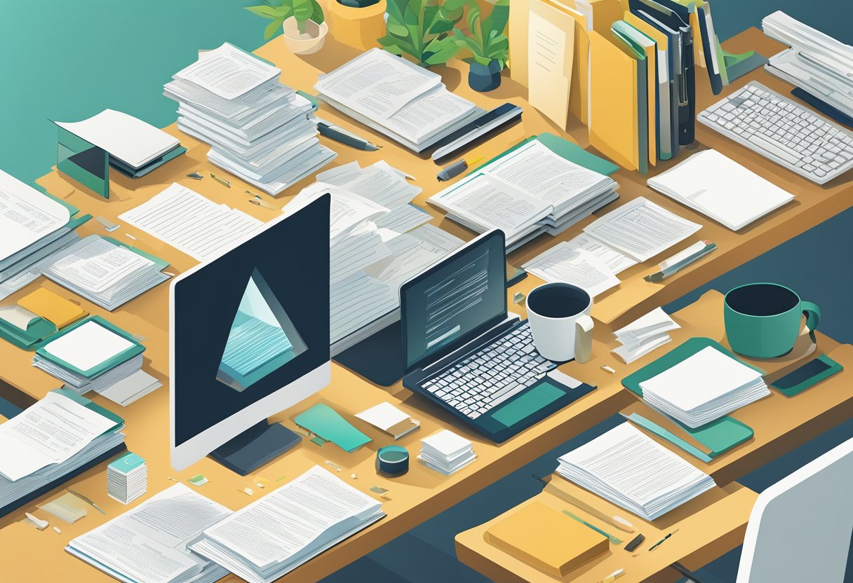 A cluttered desk with scattered papers and a pen holder. A computer screen displays a long list of quotes. A window lets in natural light