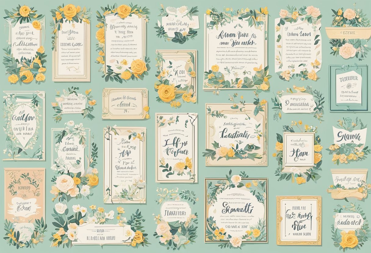 A collection of 25 romantic quotes displayed on a wall, with elegant calligraphy and decorative accents