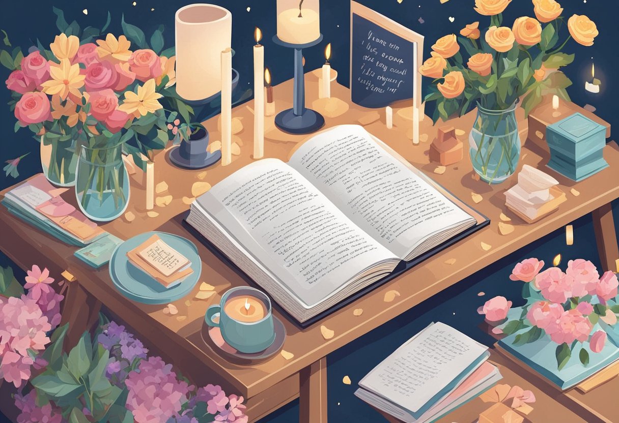 A collection of love quotes scattered on a cozy desk, surrounded by soft candlelight and a bouquet of fresh flowers
