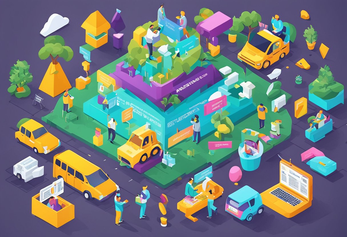 A group of diverse objects arranged in a motivational setting, with quotes and phrases displayed prominently