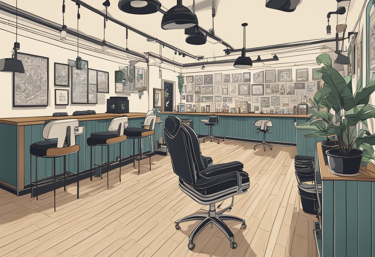 A clean, minimalist tattoo parlor with a wall of flash art showcasing quotes 51-75. The space is well-lit and inviting, with a modern aesthetic