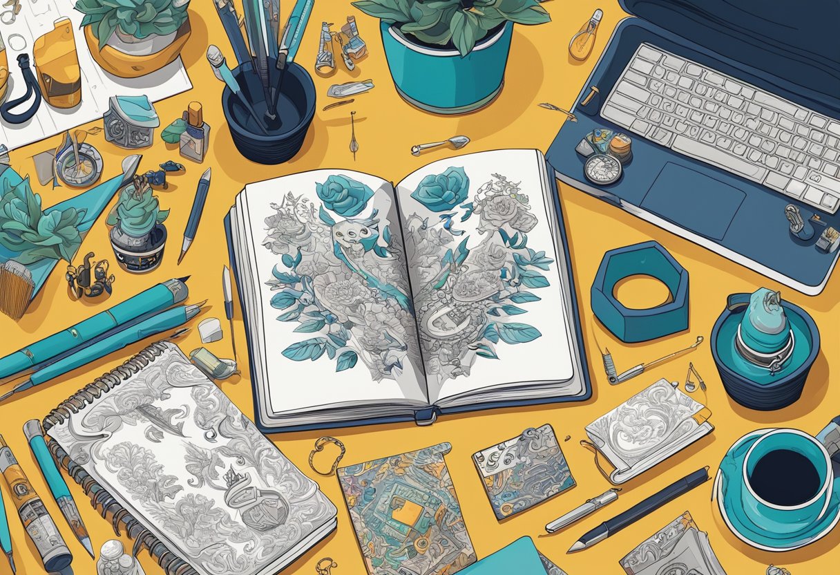 A table scattered with tattoo designs and a notebook filled with quotes, surrounded by tattoo equipment and art supplies