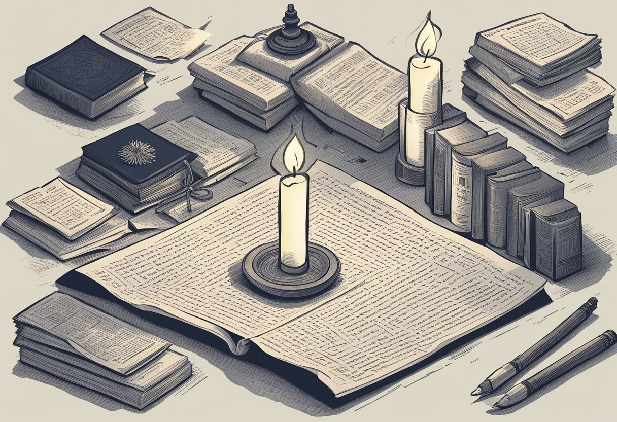 A table with a single lit candle, surrounded by a collection of quotes on slips of paper, some crumpled, some neatly arranged