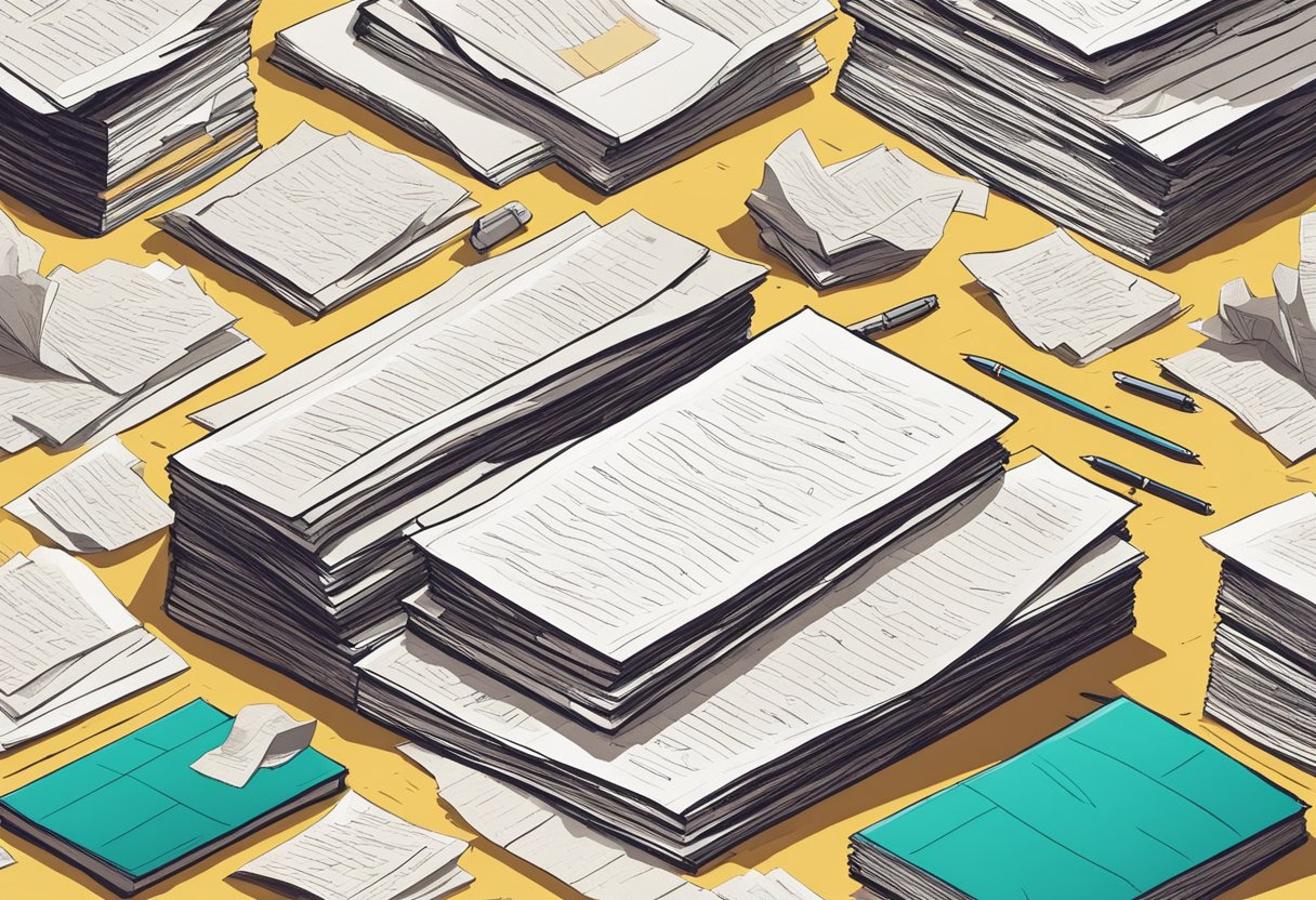 A stack of handwritten notes with quotes scattered on a desk, surrounded by crumpled paper and a dimly lit room