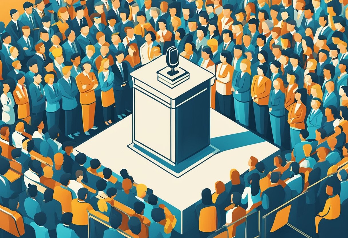 A podium with a microphone stands in the spotlight, surrounded by a crowd of eager listeners. The words "Opportunity Quotes 51-75" are displayed on a large screen behind the podium