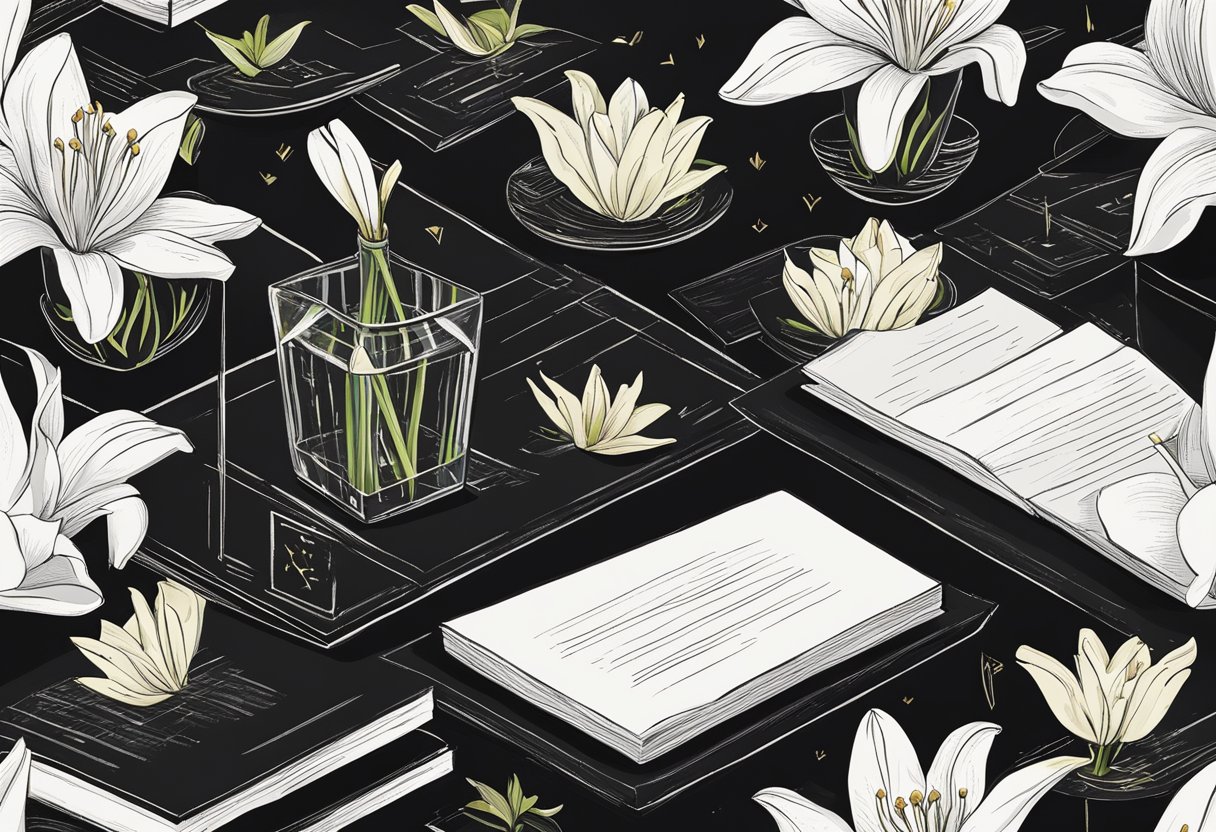 A table with a black tablecloth, adorned with a vase of white lilies and a stack of cards with handwritten condolences quotes
