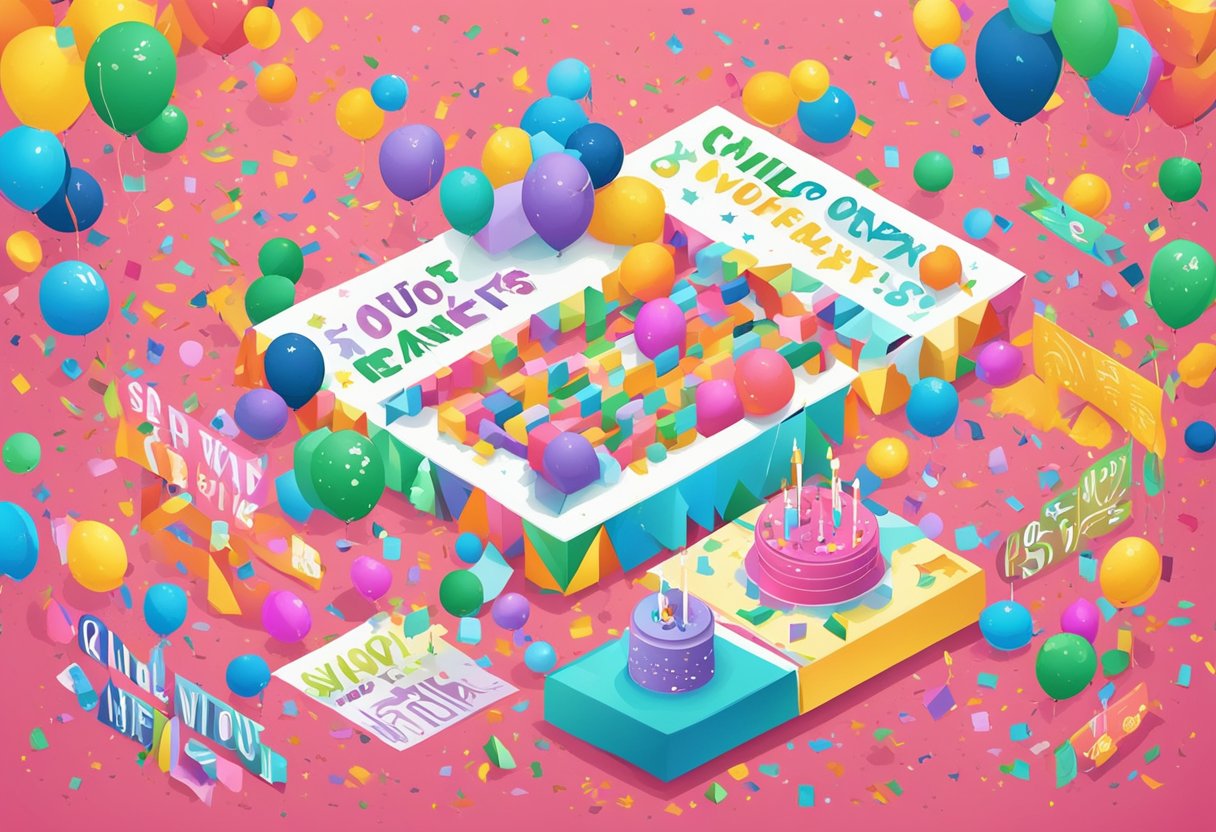 A collection of quotes displayed on a celebratory banner, surrounded by confetti and streamers. Bright colors and festive decorations create a joyful atmosphere