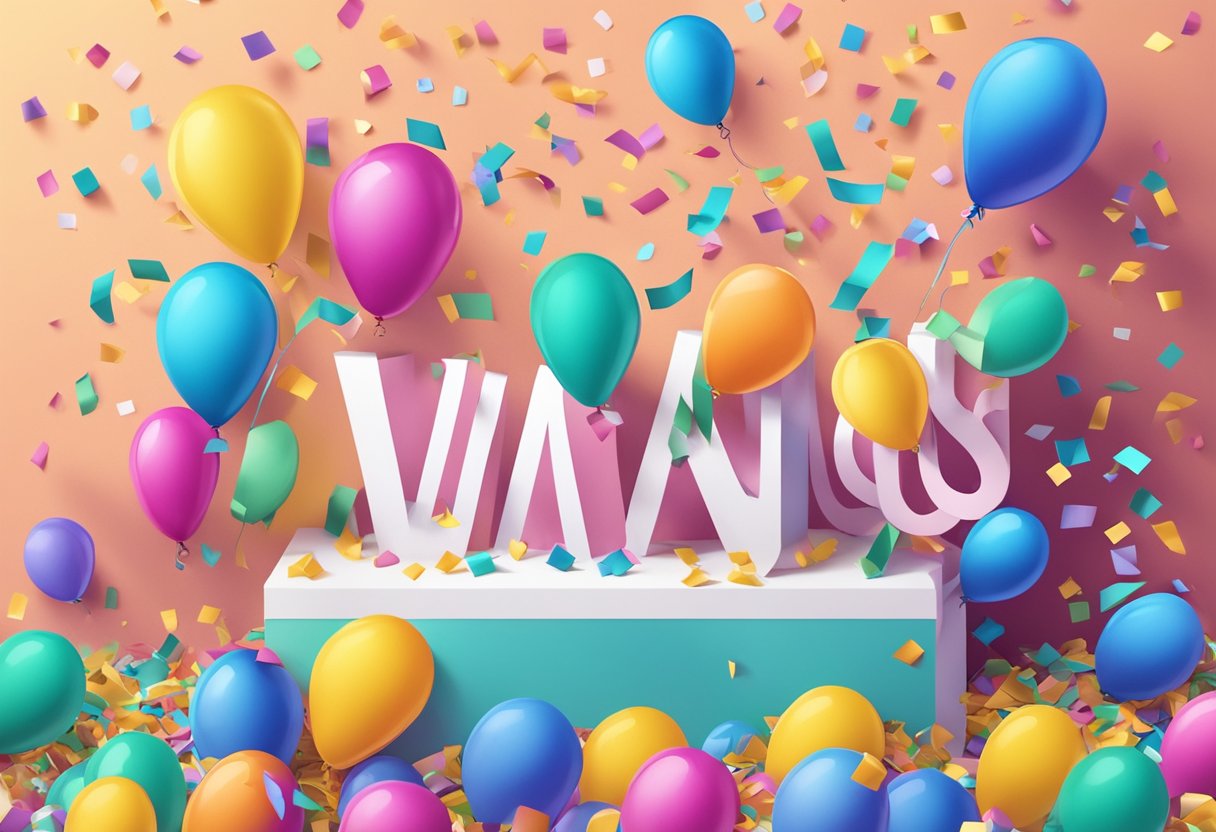 A pile of colorful confetti and balloons scattered around a "Congratulations" banner hanging on a wall