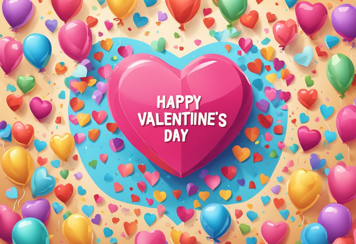 A cartoon heart holding a sign with a funny Valentine's Day quote, surrounded by heart-shaped balloons and confetti