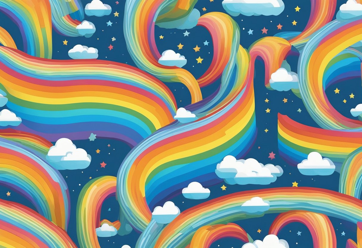 A colorful rainbow arcs across a clear blue sky, its vibrant hues blending seamlessly into one another, creating a stunning natural display