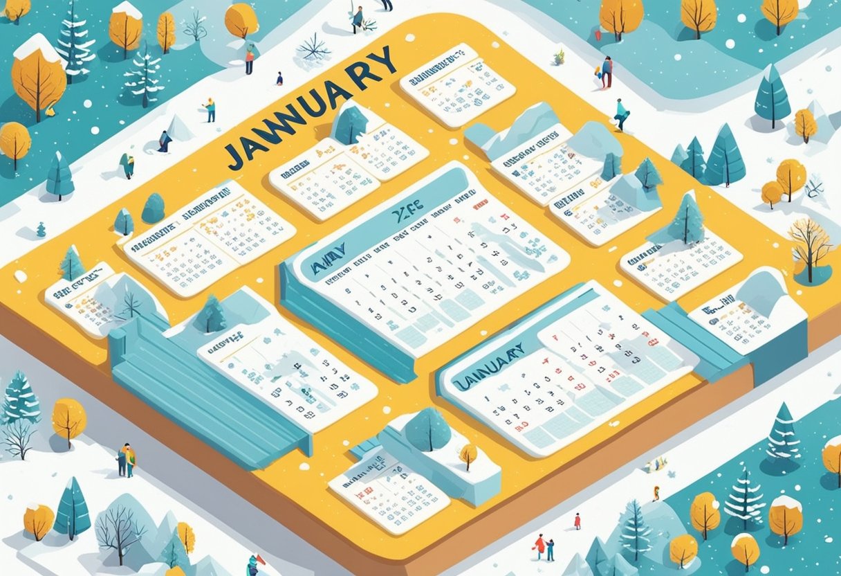 A calendar page with "January Quotes" prominently displayed in bold letters, surrounded by snowflakes and winter-themed imagery